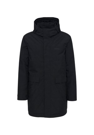 Schwarze wasserdichte Jacke mit hohem Kragen, Kapuze, zwei Fronttaschen und einem schlichten Design. Besitzt dezente Branding auf der oberen linken Seite.