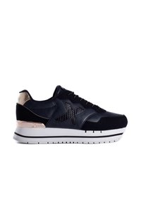 Schwarzer Sport sneaker aus Leder und Wildleder, mit strukturierten Akzenten und einem metallischen Gold-Detail an der Ferse, ausgestattet mit einer weißen Sohle mit schwarzen Streifen.