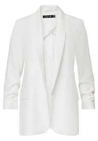 Biały żakiet z kołnierzem typu szal, długimi rękawami i dwiema przednimi kieszeniami. Wykonany z teksturowanej tkaniny, zapinany na otwarto, bez zapięć.