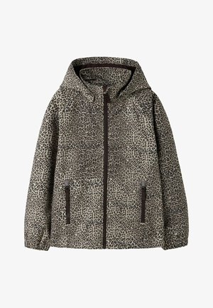 Leopardprint hættejakke med frontlynlås og to lynlåslommer, elastiske manchetter og en afslappet pasform.