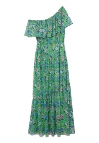 Green floral maxi dress with an off-the-shoulder design, ruffled sleeves, and tiered skirt. Made of lightweight fabric with a textured pattern.