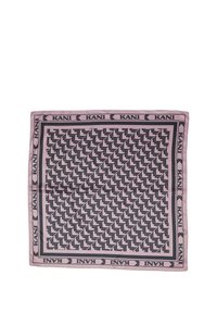 Zīda šalle ar ģeometrisku rakstu melnā krāsā uz gaismas rozā fona, no ārpuses apmalota ar atkārtotām "KANI" teksta frāzēm melnā krāsā.