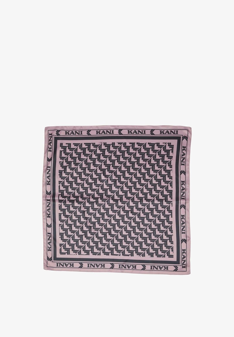 Zīda šalle ar ģeometrisku rakstu melnā krāsā uz gaismas rozā fona, no ārpuses apmalota ar atkārtotām "KANI" teksta frāzēm melnā krāsā.