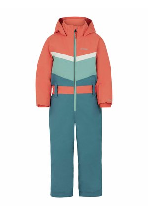 Tuta da neve per bambini nei colori corallo, teal e bianco. Presenta un cappuccio, chiusura con zip, polsini elasticizzati e cintura regolabile. Realizzata con materiali durevoli.
