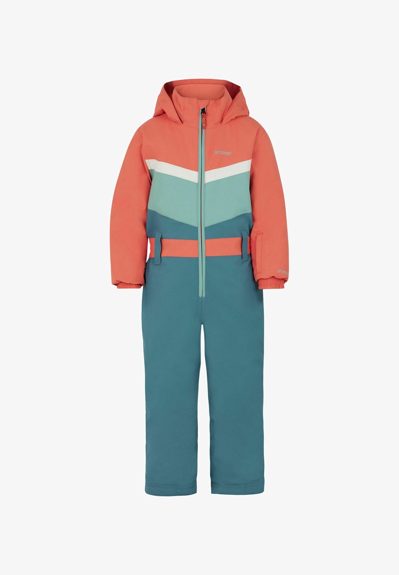 Children’s snow suit in coral, teal, and white colors. Features a hood, zip closure, elastic cuffs, and adjustable belt. Made from durable materials.