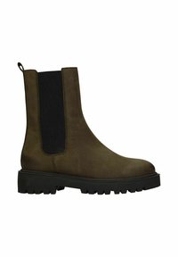 Bruine leren enkelboot met een stevige zwarte rubberen zool, elastische zijpanelen en een aantreklabel aan de achterkant voor eenvoudig aan- en uittrekken.