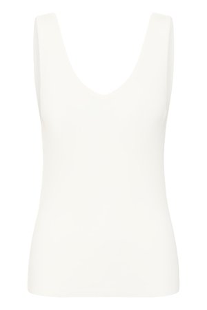 Bijeli top bez rukava s dubokim V-izrezom i strukom koji prianja, prikazan na jednobojnoj bijeloj pozadini.