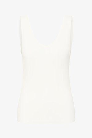 Valge varrukateta top sügava V-kaelusega ja liibuva taljega, esitatud ühevärvilisel valgel taustal.