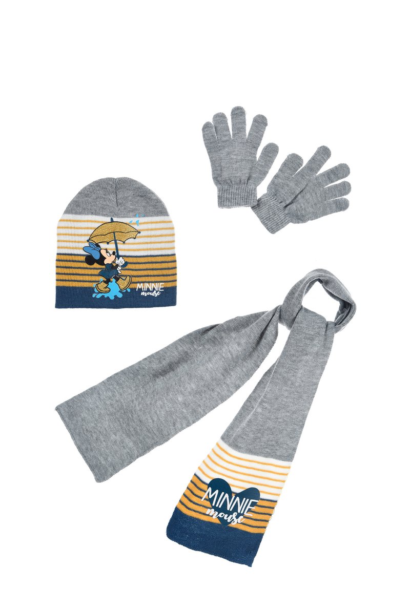 Berretto lavorato a maglia grigio con motivo a righe, decorato con un'immagine di Minnie Mouse, guanti grigi abbinati e una sciarpa con un design a righe simile.