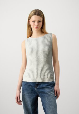 Light gray sleeveless knit top with a ribbed texture, round neckline, and fitted silhouette, paired with blue denim jeans.