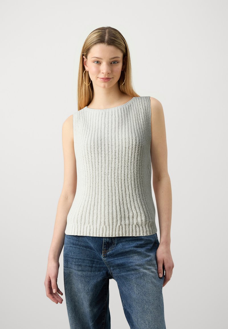 Light gray sleeveless knit top with a ribbed texture, round neckline, and fitted silhouette, paired with blue denim jeans.