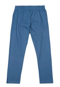 Pantaloni elasticizzati blu realizzati in un tessuto morbido; presentano una vita elastica e un taglio dritto, texture liscia e nessun motivo.