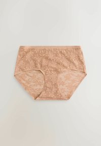 Chiloți din dantelă bej deschis cu modele florale și design fără cusături. Textură moale, delicată, cu talie elastică pentru confort.