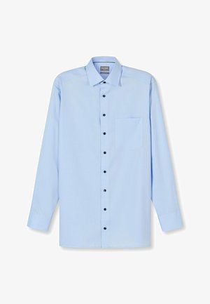 Hellblaue langärmelige Button-up-Hemdkrawatte mit Kragen, Brusttasche auf der linken Seite und dunklen Knöpfen auf der Vorderseite.