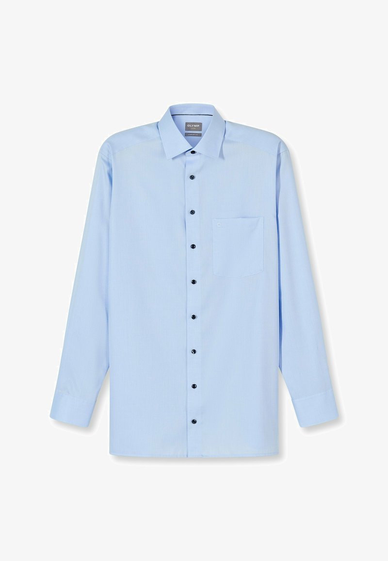 Hellblaue langärmelige Button-up-Hemdkrawatte mit Kragen, Brusttasche auf der linken Seite und dunklen Knöpfen auf der Vorderseite.