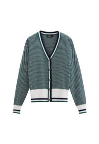 Cardigan à motifs bleu marine et blanc avec un col en V, boutons sur le devant, poignets et ourlet côtelés, fabriqué en tissu tricoté avec un design texturé.