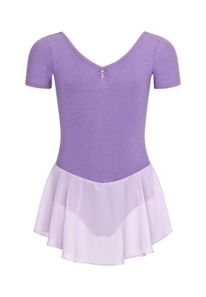 Lila Body mit kurzen Ärmeln, ausgestattet mit einem V-Ausschnitt und einem zarten, durchscheinenden Rock in Flieder. Bemerkenswerte Verzierung mit drei kleinen Edelsteinen am Ausschnitt.