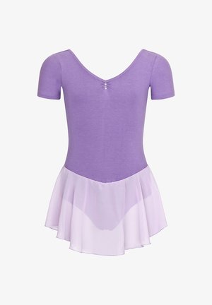 Purple leotard with short sleeves, featuring a v-neck and a delicate sheer lilac skirt. Notable embellishment of three small gems at the neckline.