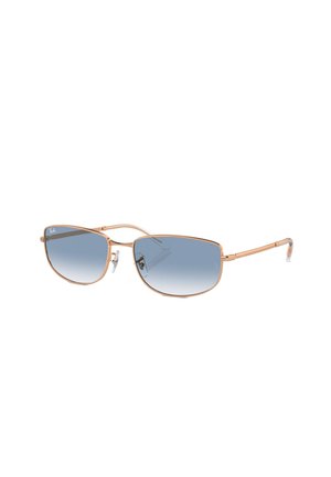 Occhiali da sole in metallo con montatura dorata, lenti a gradiente blu e un design elegante e angolare. Presentano naselli regolabili e aste sottili.