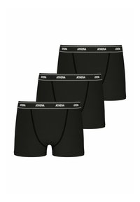 Trois paires de boxers noirs avec un logo "ATHENA" blanc sur la ceinture élastique, présentant une texture lisse et un design ajusté.