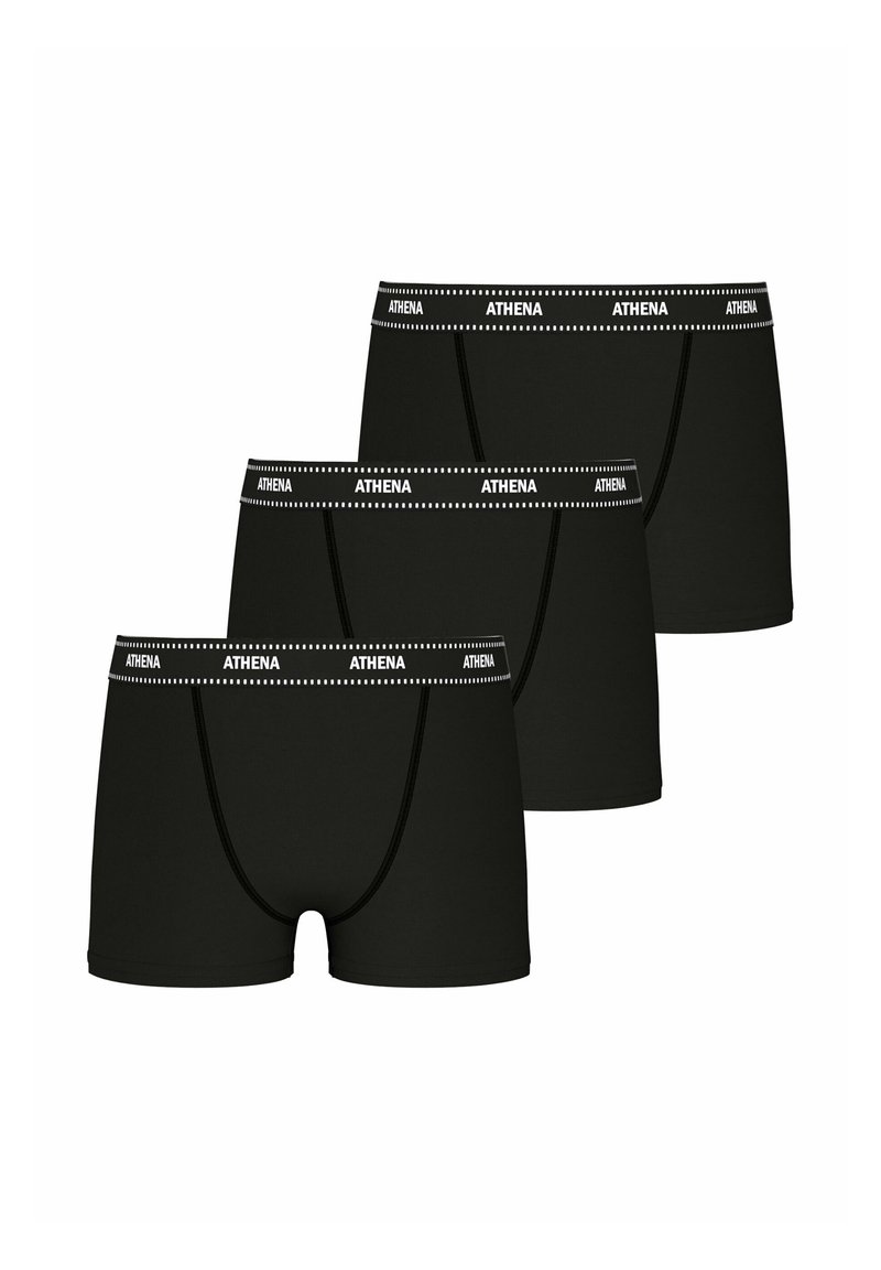 Trois paires de boxers noirs avec un logo "ATHENA" blanc sur la ceinture élastique, présentant une texture lisse et un design ajusté.