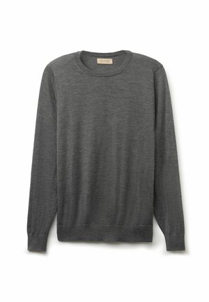 Grauer langärmeliger Pullover aus feinem Strickstoff, mit rundem Halsausschnitt und gerippten Bündchen und Saum. Einfaches, vielseitiges Design mit glatter Textur.