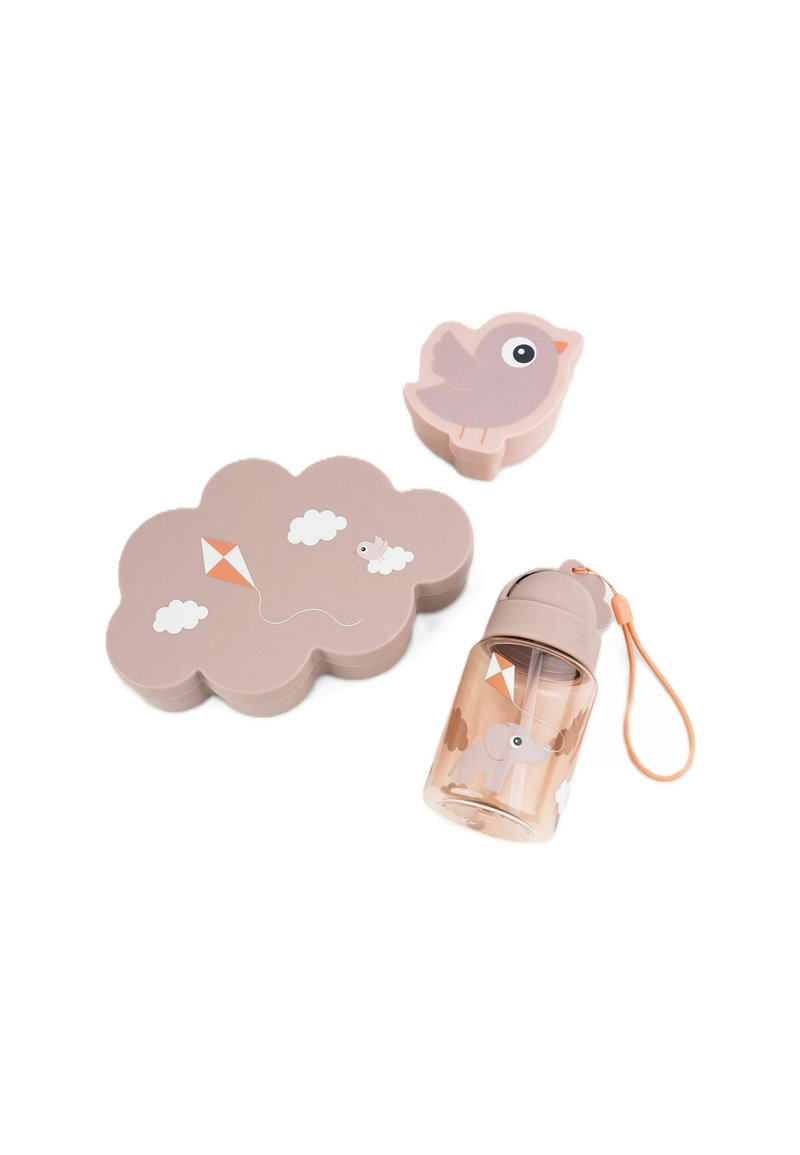 Set includes a pink cloud-shaped lunch box, a bird-shaped lid, and a clear water bottle with elephant and kite designs.