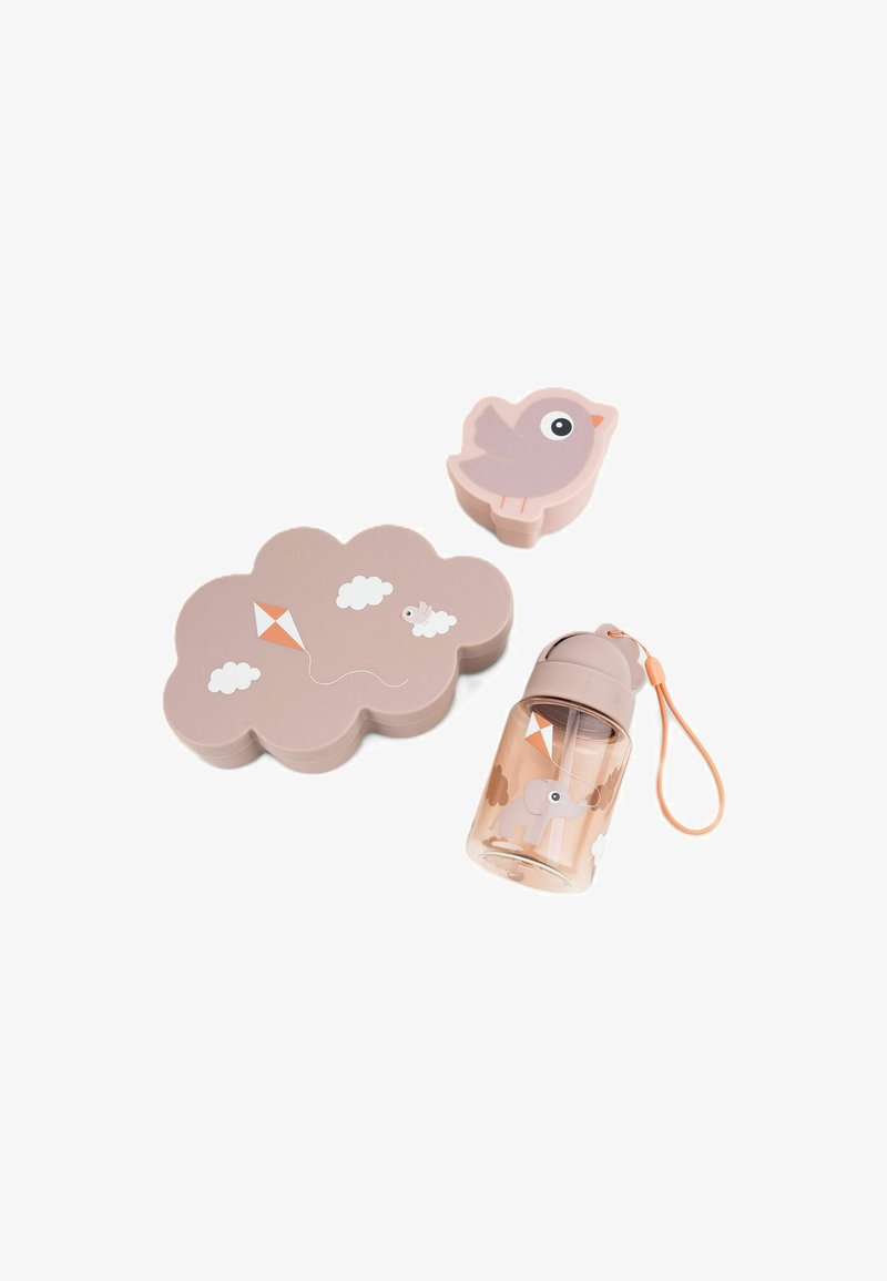 Set includes a pink cloud-shaped lunch box, a bird-shaped lid, and a clear water bottle with elephant and kite designs.