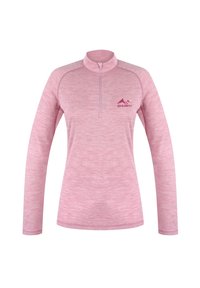 Long-sleeve pink athletic top with a half-zip neck, made of lightweight, textured fabric, featuring a small logo on the left chest.