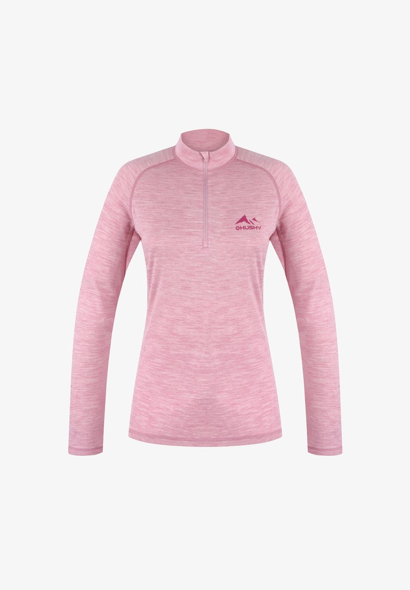 Růžový sportovní top s dlouhým rukávem a půlzipem, vyrobený z lehkého strukturovaného materiálu, s malým logem na levé hrudi.