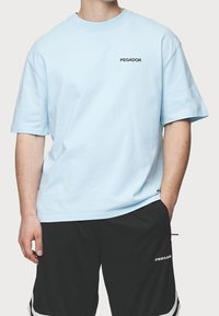 Ljusblå bomulls-T-shirt med avslappnad passform, korta ärmar och en svart "PEGADOR"-logotyp på bröstet. Enkelt designad, utan mönster.