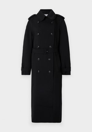 Langer schwarzer Trenchcoat aus einem weichen, strukturierten Stoff. Verfügt über eine doppelte Knopfleiste, eine taillierte Taille und Schulterklappen.