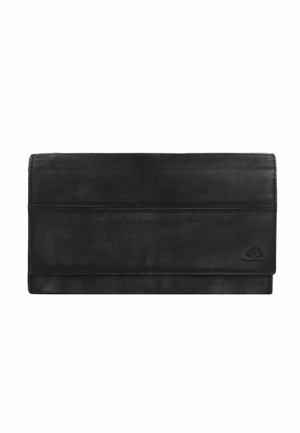 Portafoglio in pelle nera con una texture liscia, caratterizzato da un design pieghevole, slot per più carte e un sottile dettaglio del logo in rilievo.