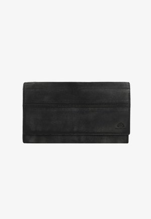 Cartera de cuero negro con textura suave, que presenta un diseño de doblez, múltiples ranuras para tarjetas y un discreto detalle de logotipo en relieve.