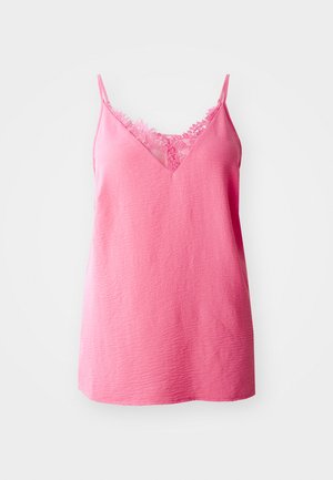 Top sans manches rose avec un décolleté en V, ornée de dentelle au niveau du décolleté, fabriquée en tissu texturé avec une coupe décontractée.