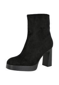 Botín negro de ante hasta el tobillo con un tacón alto y grueso y una suela de plataforma, que presenta un diseño suave y aerodinámico.