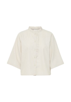 Blouse blanche à rayures avec des manches courtes, détail volanté sur le devant et fermetures à boutons dans un tissu léger.
