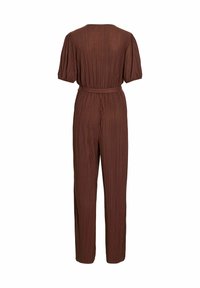 Rudas plisuotas kombinezonas trumpomis rankovėmis, su suveržtu liemeniu ir tiesiomis kelnėmis, pasižymintis audiniu su tekstūra ir paprastu nugaros dizainu.
