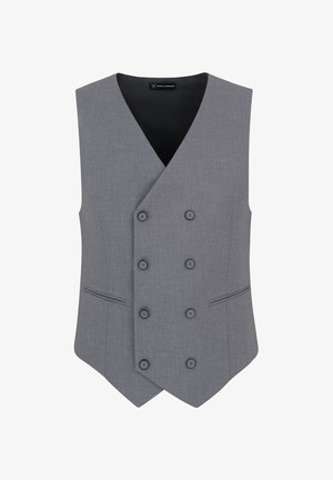 Szary, podwójnie zapięty welon wykonany z fakturowanej tkaniny, z sześcioma guzikami, z dekoltem w kształcie V i bocznymi kieszeniami.