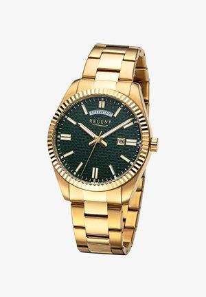 Montre-bracelet en métal doré avec cadran texturé vert, affichage du jour et de la date, aiguilles et index dorés, indiquant le jour "Mittwoch".