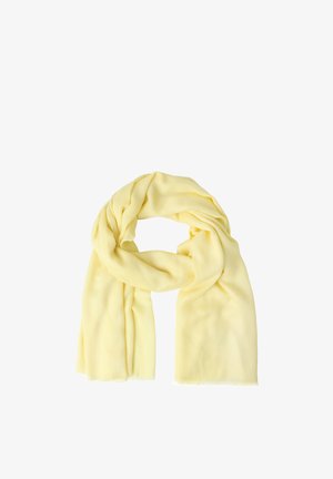 Écharpe jaune pâle douce, pliée et drapée de manière lâche, montrant une texture de tissu lisse et une longueur modérée.