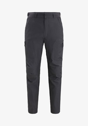 Dark gray slim-fit pants with zippered thigh pockets, button and zipper closure, and belt loops.