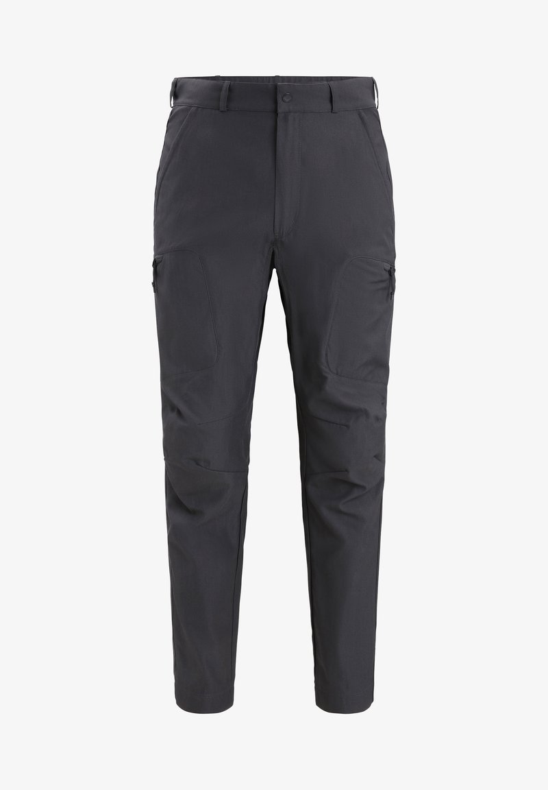 Pantalon gris foncé coupe slim avec poches zippées sur les cuisses, fermeture par bouton et fermeture éclair, et passants pour ceinture.