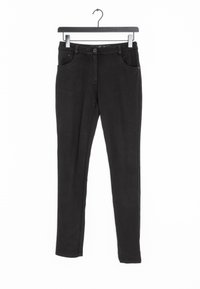 Svarta smala jeans i denim med en slät yta. Har fem fickor, knäppning fram och bälteshällor. Minimal detaljering genom hela byxorna.