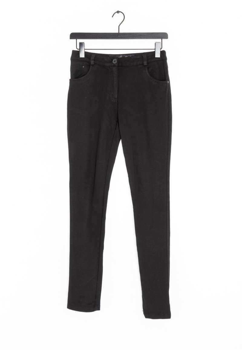 Svarta smala jeans i denim med en slät yta. Har fem fickor, knäppning fram och bälteshällor. Minimal detaljering genom hela byxorna.