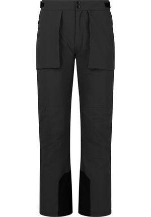 Sorte vandtætte bukser med lige ben design, der har to store forlommer og forstærkede paneler ved underbenene.