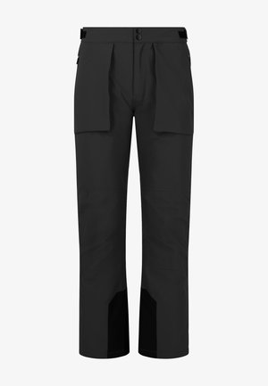 Schwarze wasserdichte Hosen mit geradem Bein-Design, ausgestattet mit zwei großen Vordertaschen und verstärkten Paneelen an den Unterschenkeln.