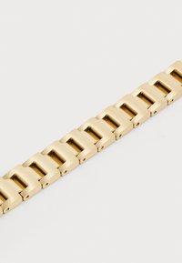 Brățară din metal de culoare aurie, cu linkuri interschimbabile rectangulare, cu un finisaj mat. Textură netedă cu hardware vizibil pentru întărire.