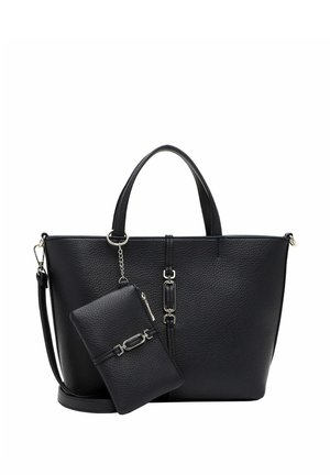 Black textured leather handbag with two handles, detachable shoulder strap, and a matching small pouch attached by a chain with silver hardware.