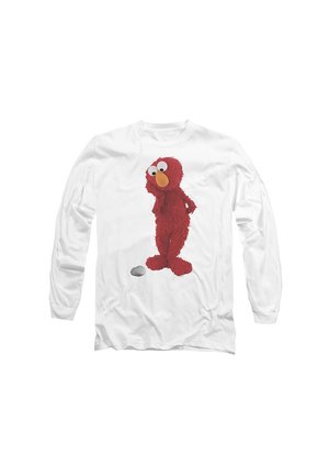 White long-sleeve t-shirt featuring a cartoon character with red fur, large eyes, and an orange nose, standing next to a gray stone.